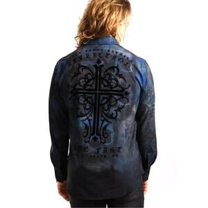 Affliction Navy Monarch Black Velvet Skull Corporate Goth Tattoo Shirt Medium